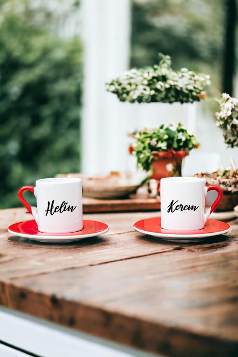 Kişiye Özel İsim Yazılı İkili Kırmızı Türk Kahvesi Fincanı