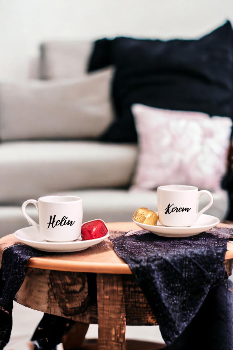 Kişiye Özel İsim Yazılı İkili Porselen Türk Kahvesi Fincanı