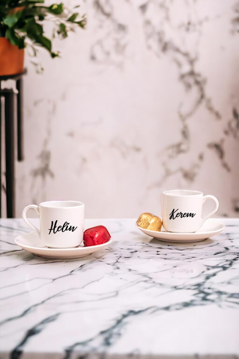 Kişiye Özel İsim Yazılı İkili Porselen Türk Kahvesi Fincanı