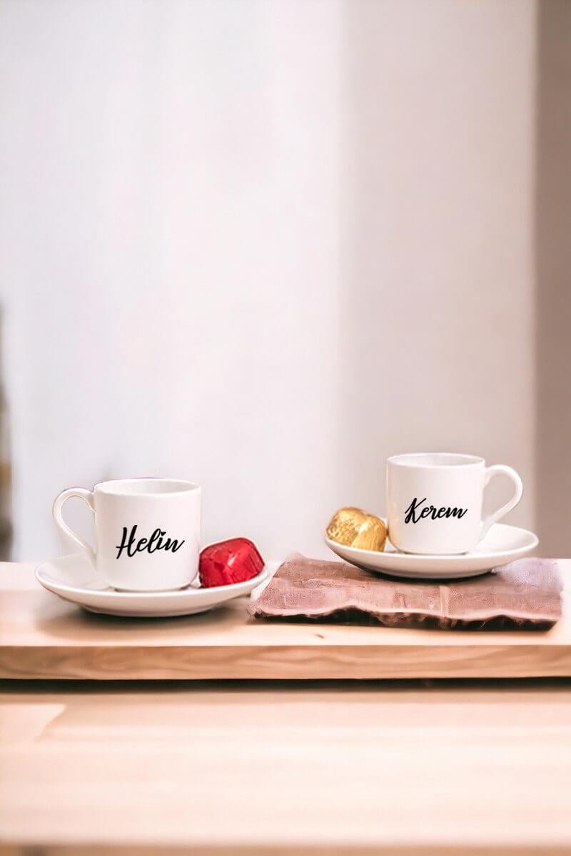 Kişiye Özel İsim Yazılı İkili Porselen Türk Kahvesi Fincanı