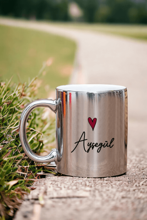 Kişiye Özel İsim Yazılı Minik Kalpli Gold - Silver Kupa Bardak