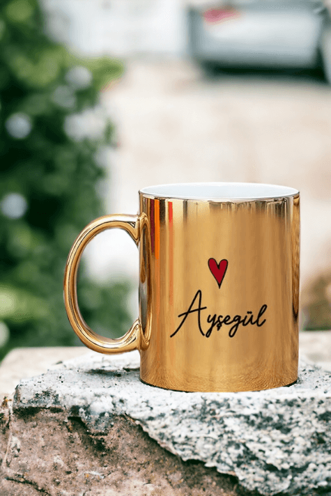 Kişiye Özel İsim Yazılı Minik Kalpli Gold - Silver Kupa Bardak