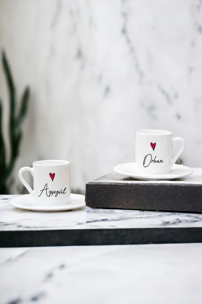 Kişiye Özel İsim Yazılı Minik Kalpli İkili Beyaz Türk Kahvesi Fincanı