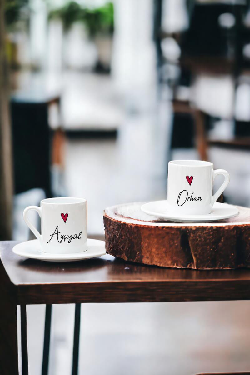 Kişiye Özel İsim Yazılı Minik Kalpli İkili Beyaz Türk Kahvesi Fincanı