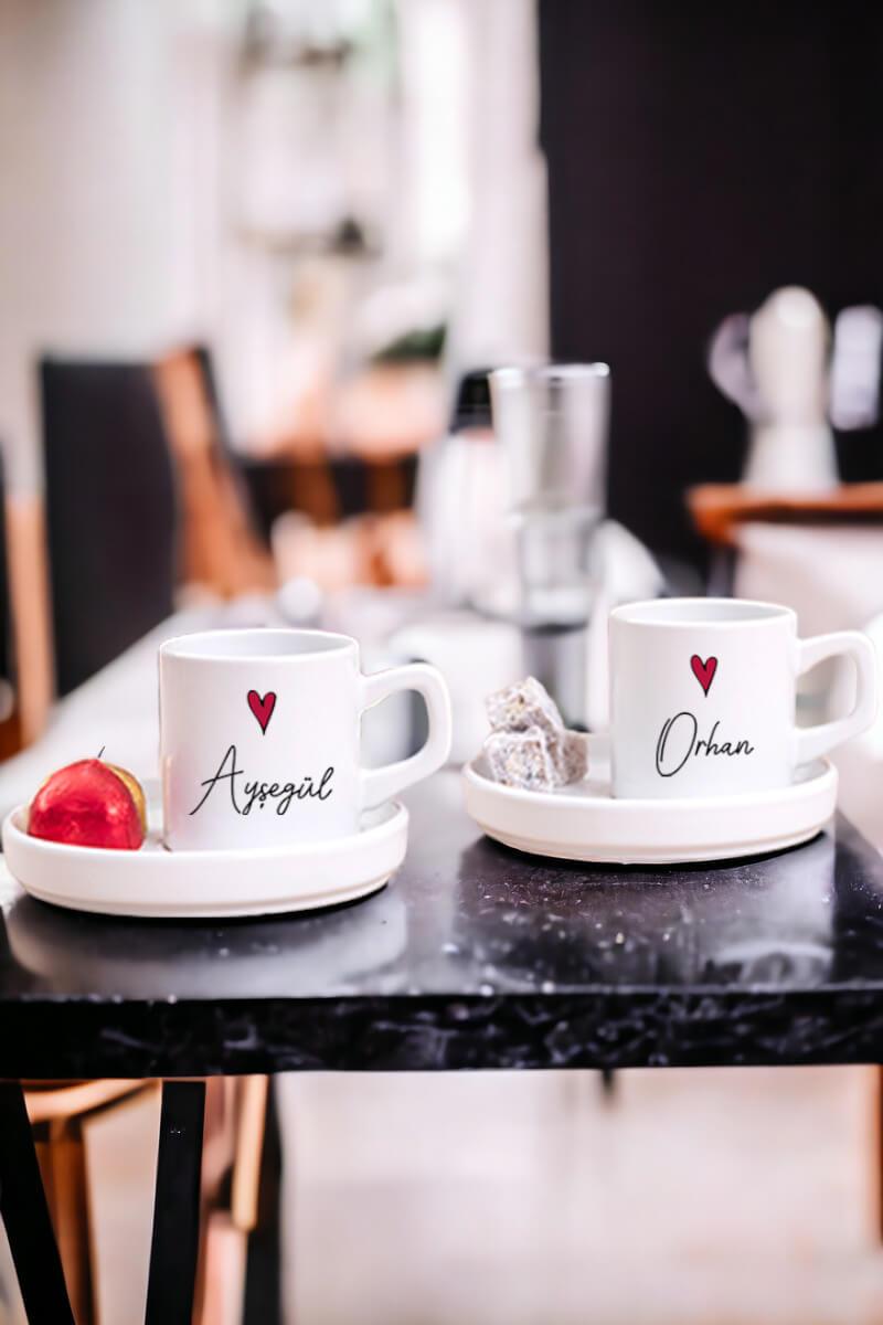 Kişiye Özel İsim Yazılı Minik Kalpli İkili Concept Türk Kahvesi Fincanı