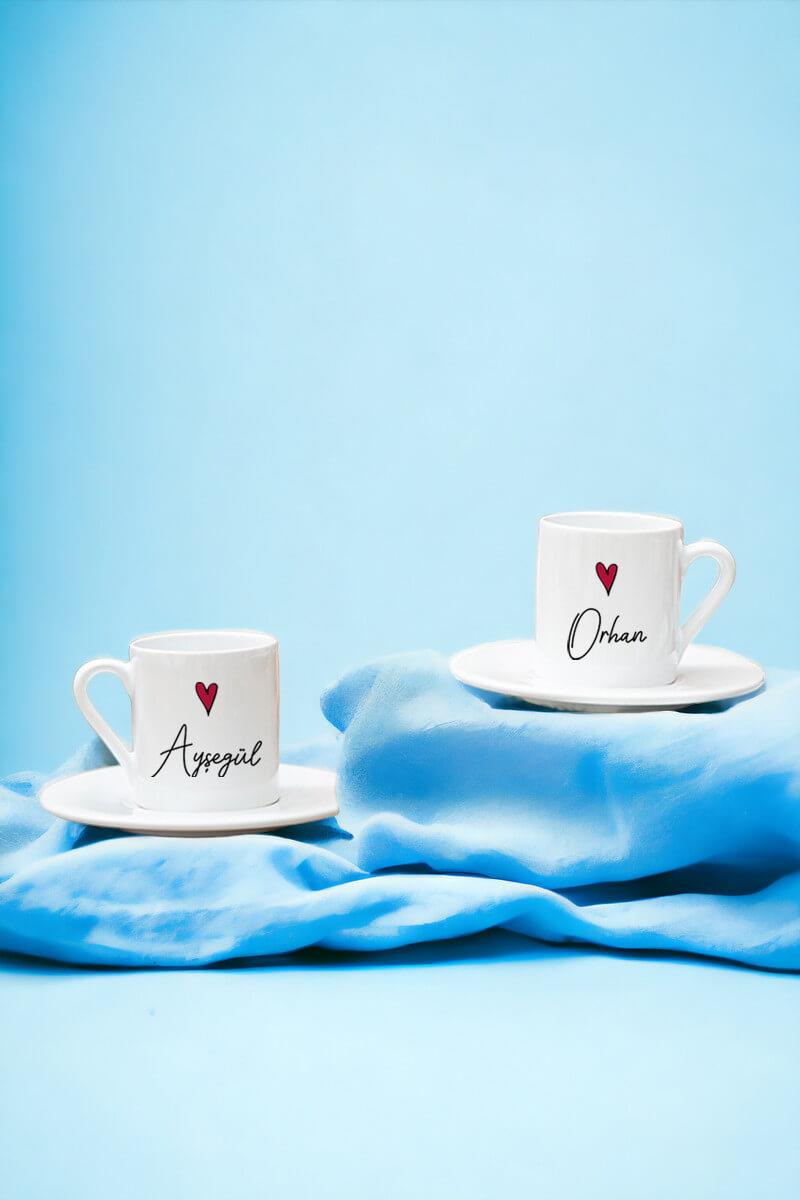 Kişiye Özel İsim Yazılı Minik Kalpli İkili Beyaz Türk Kahvesi Fincanı