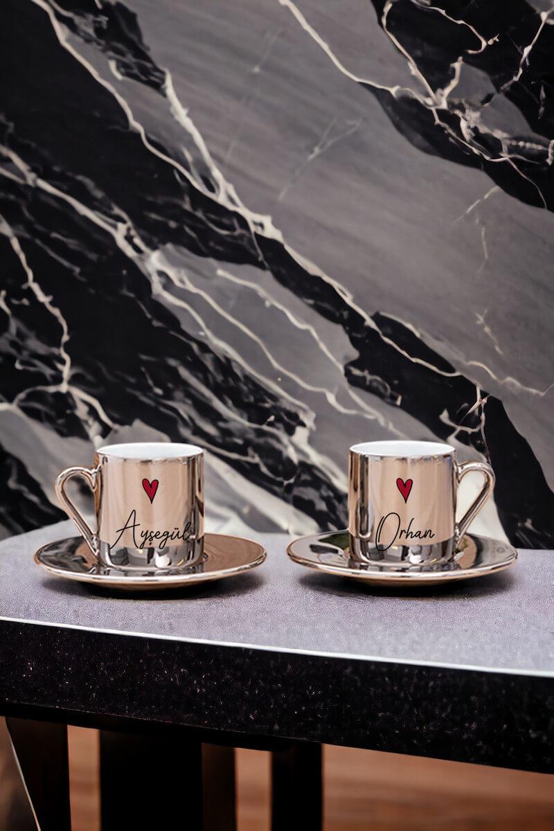 Kişiye Özel İsim Yazılı Minik Kalpli Porselen İkili Gold - Silver Türk Kahvesi Fincanı