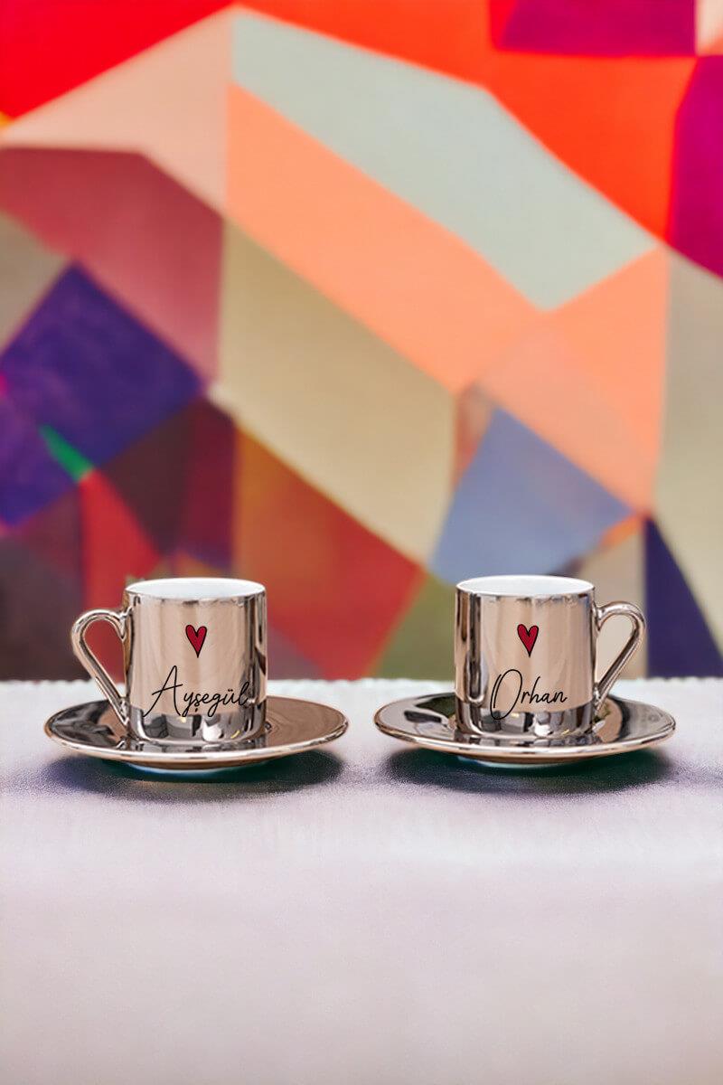 Kişiye Özel İsim Yazılı Minik Kalpli Porselen İkili Gold - Silver Türk Kahvesi Fincanı