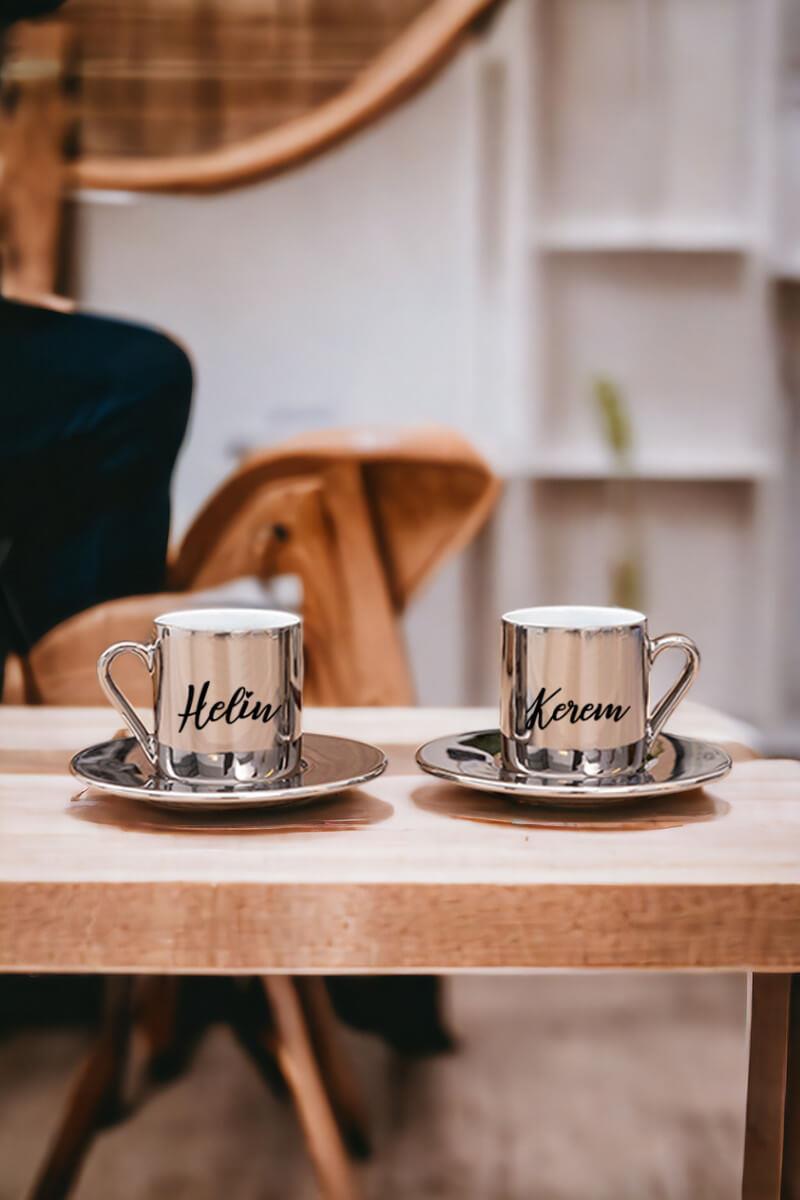 Kişiye Özel İsim Yazılı Porselen İkili Gold - Silver Türk Kahvesi Fincanı