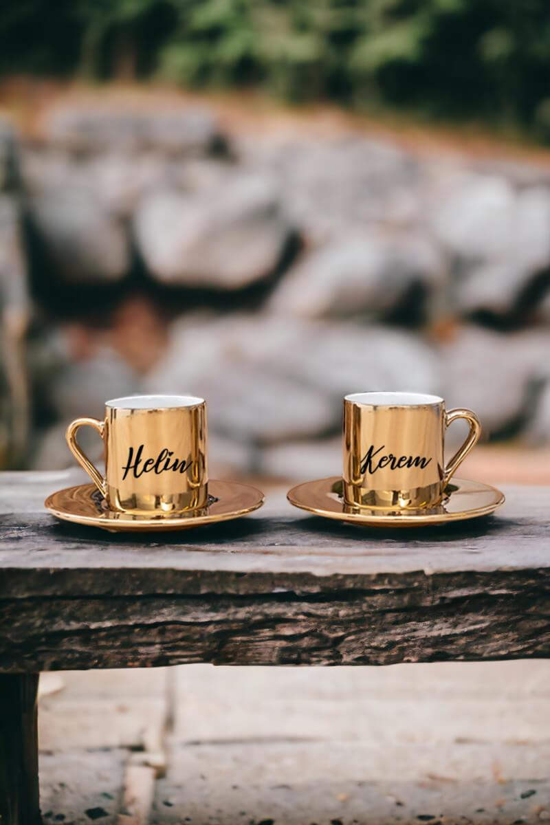 Kişiye Özel İsim Yazılı Porselen İkili Gold - Silver Türk Kahvesi Fincanı