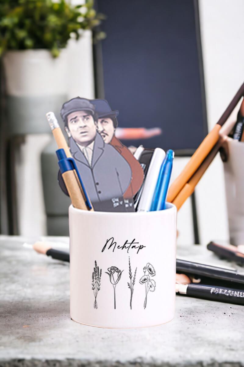 Kişiye Özel Karakalem Çizimli Çiçekler Seramik Kalemlik