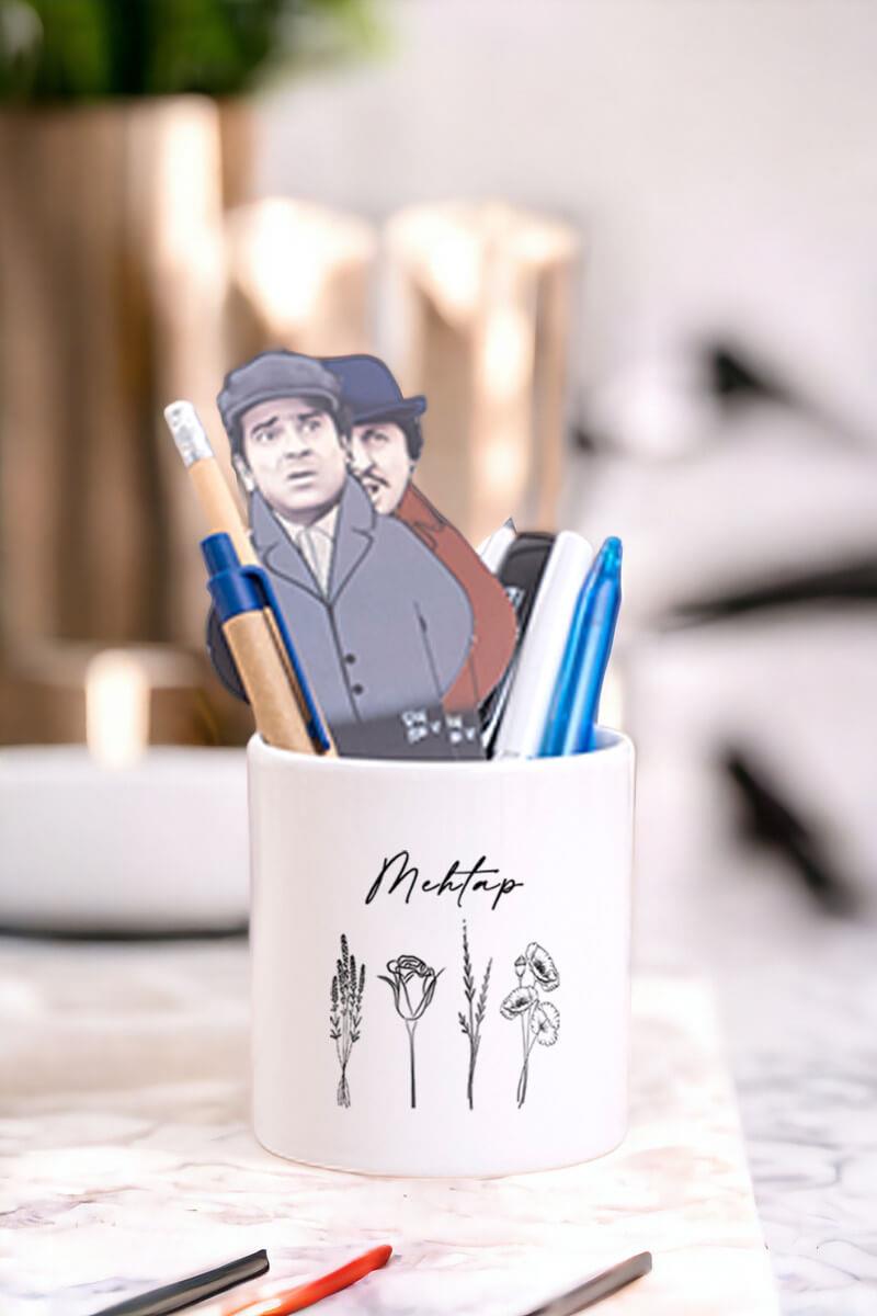 Kişiye Özel Karakalem Çizimli Çiçekler Seramik Kalemlik