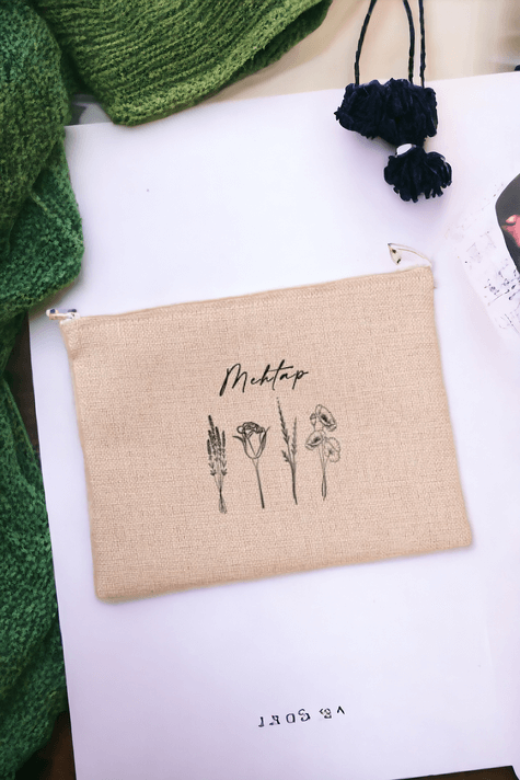 Kişiye Özel Karakalem Çizimli Çiçekler Keten Bez El Çantası