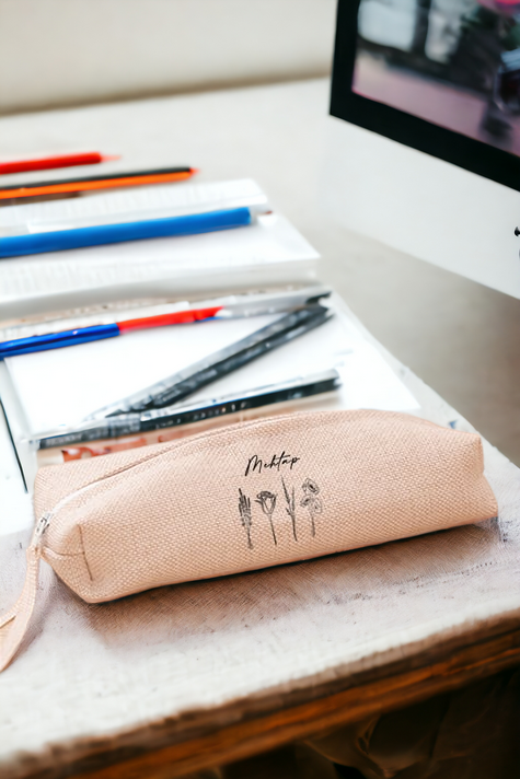 Kişiye Özel Karakalem Çizimli Çiçekler Keten Bez Kalemlik