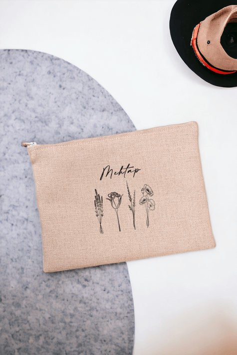 Kişiye Özel Karakalem Çizimli Çiçekler Keten Bez El Çantası