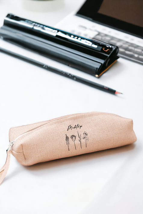 Kişiye Özel Karakalem Çizimli Çiçekler Keten Bez Kalemlik