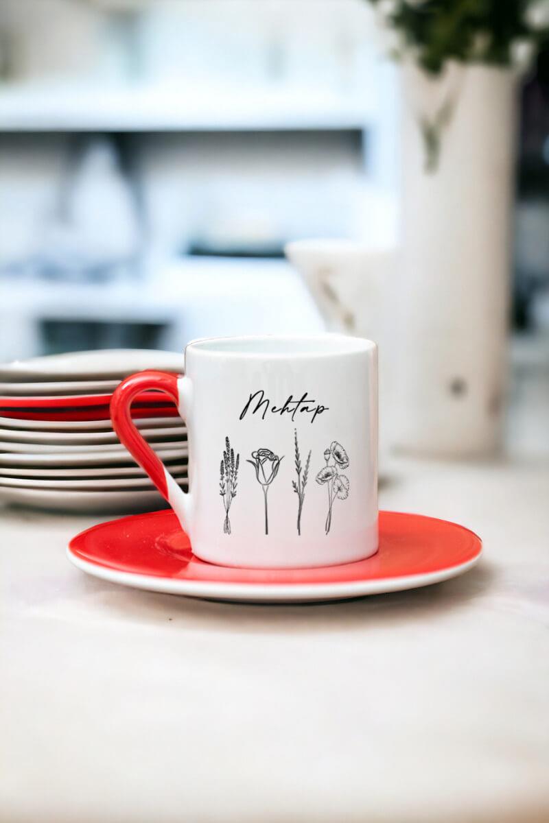 Kişiye Özel Karakalem Çizimli Çiçekler Renkli Türk Kahvesi Fincanı