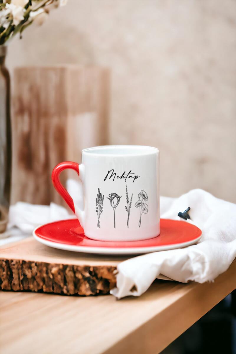 Kişiye Özel Karakalem Çizimli Çiçekler Renkli Türk Kahvesi Fincanı