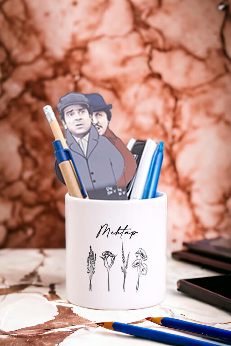 Kişiye Özel Karakalem Çizimli Çiçekler Seramik Kalemlik