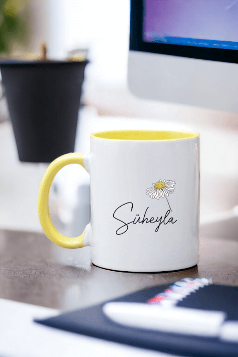 Kişiye Özel Papatya Tasarımlı İsimli İçi Renkli Kupa Bardak