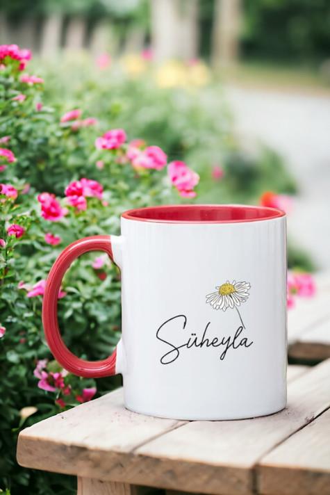 Kişiye Özel Papatya Tasarımlı İsimli İçi Renkli Kupa Bardak