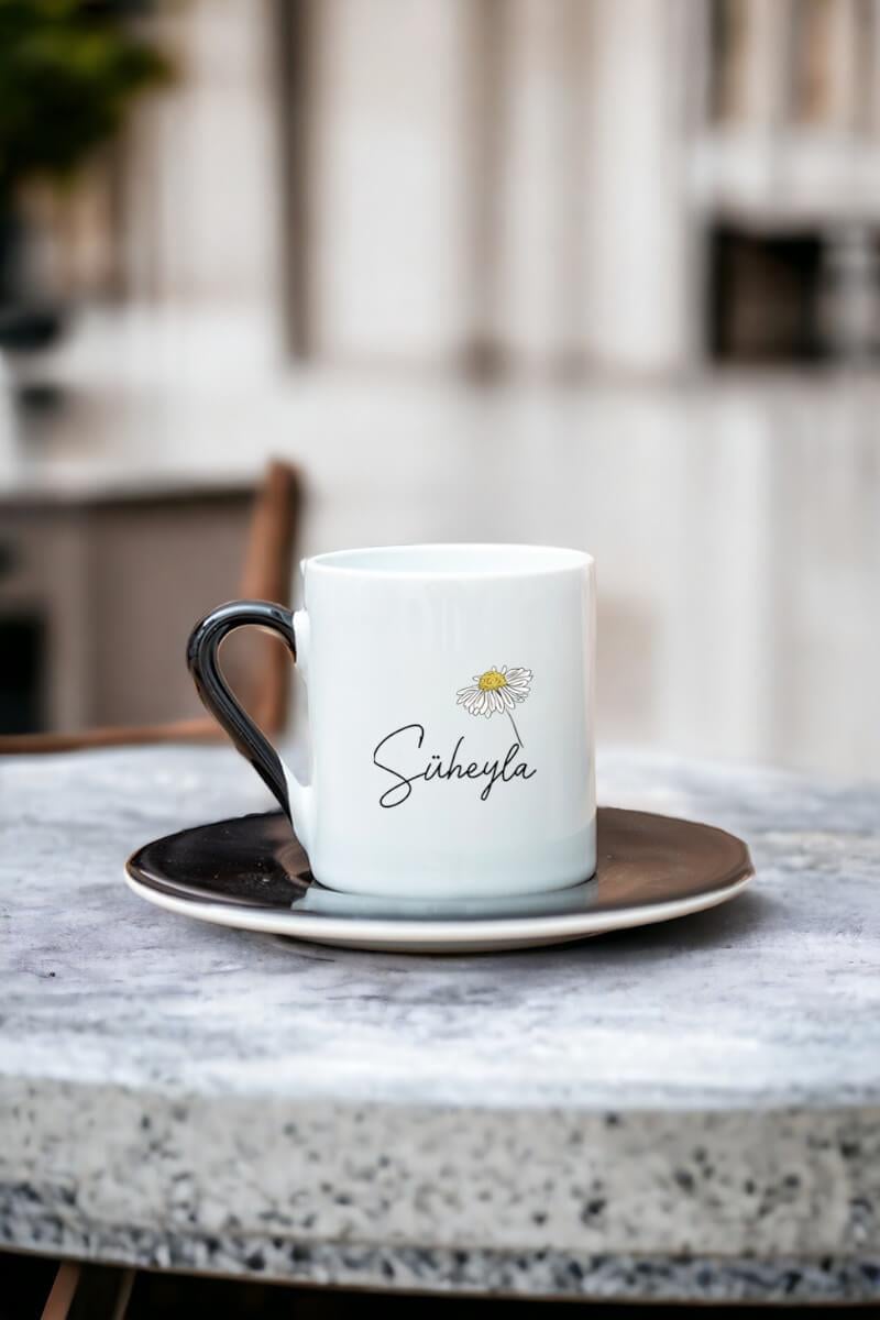 Kişiye Özel Papatya Tasarımlı İsimli Renkli Türk Kahvesi Fincanı