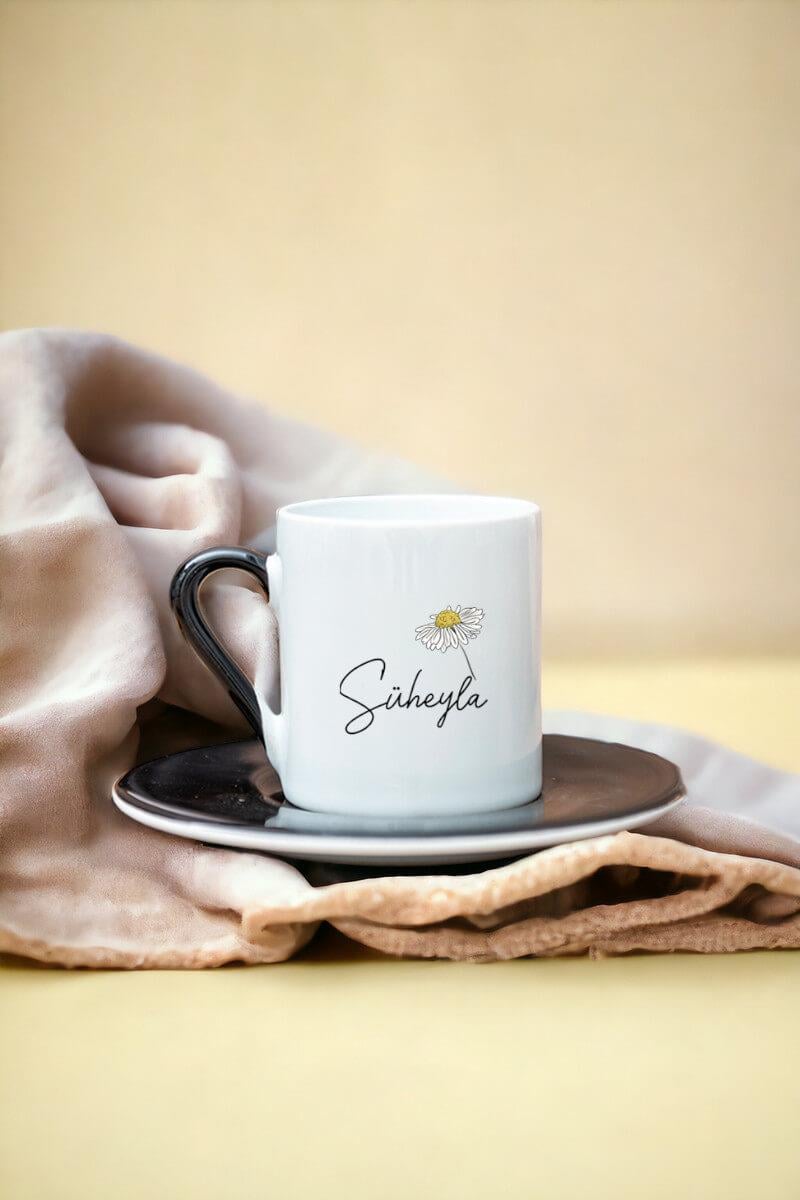 Kişiye Özel Papatya Tasarımlı İsimli Renkli Türk Kahvesi Fincanı