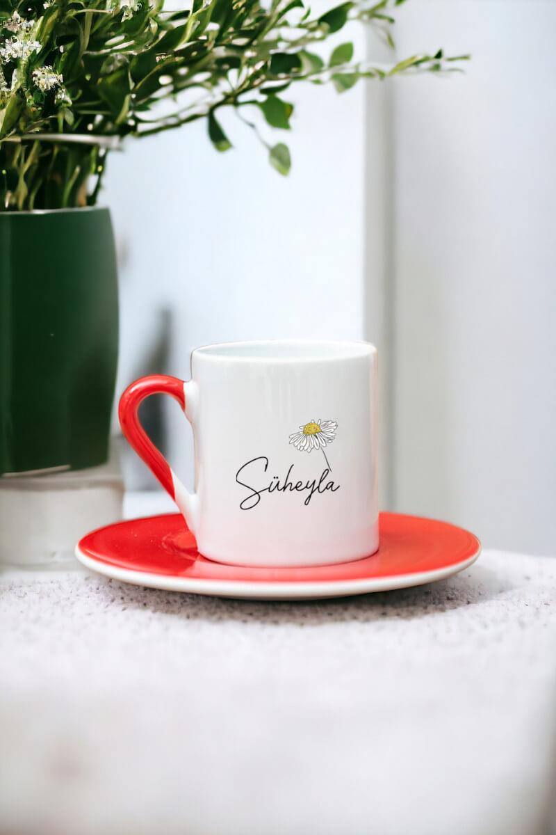 Kişiye Özel Papatya Tasarımlı İsimli Renkli Türk Kahvesi Fincanı