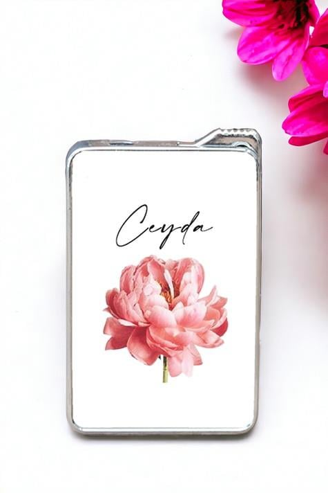 Kişiye Özel Pembe Çiçekli İsme Özel Çakmak