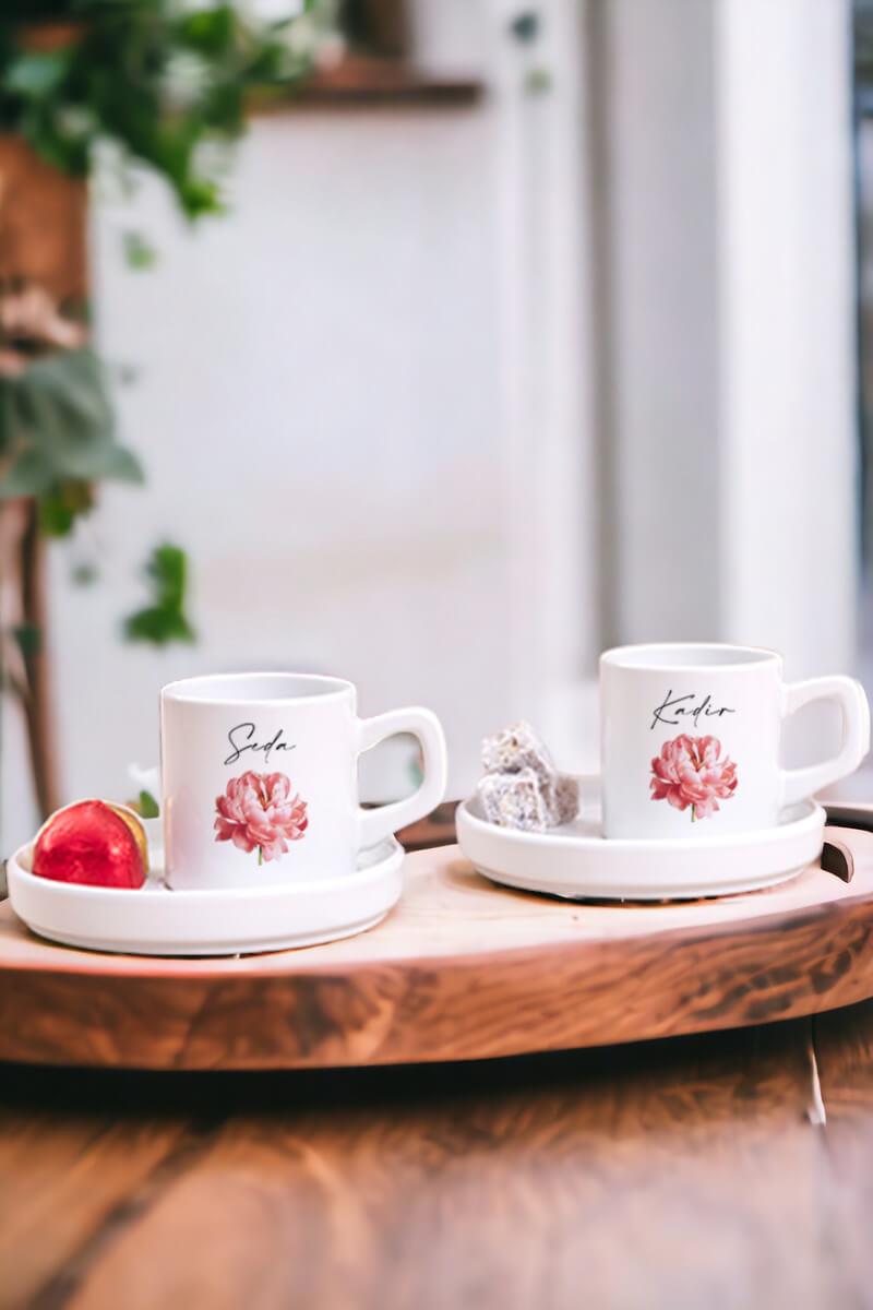 Kişiye Özel Pembe Çiçekli İsme Özel İkili Concept Türk Kahvesi Fincanı