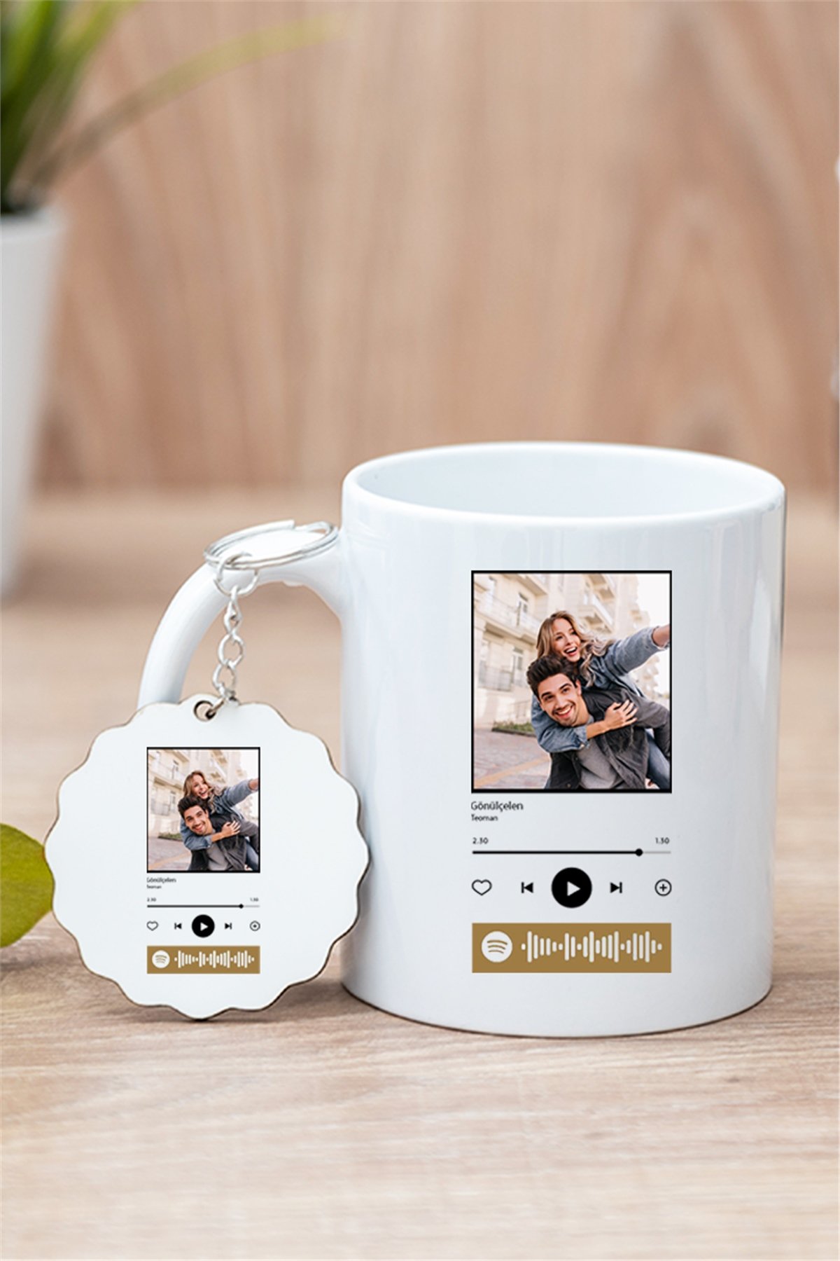 Kişiye Özel Spotify Tasarım Fotoğraflı Beyaz Kupa Bardak ve Ahşap Anahtarlık