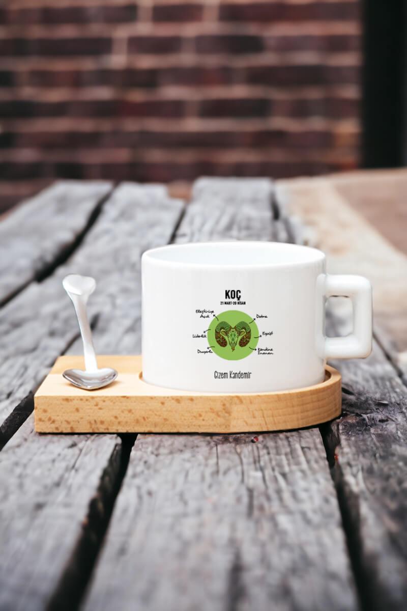 Koç Burcu Kadına Hediye Ahşap Altlıklı Fincan