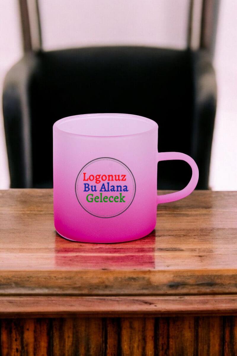 Logo Baskılı Pembe Renk Promosyon Buzlu Cam Kahve Fincanı