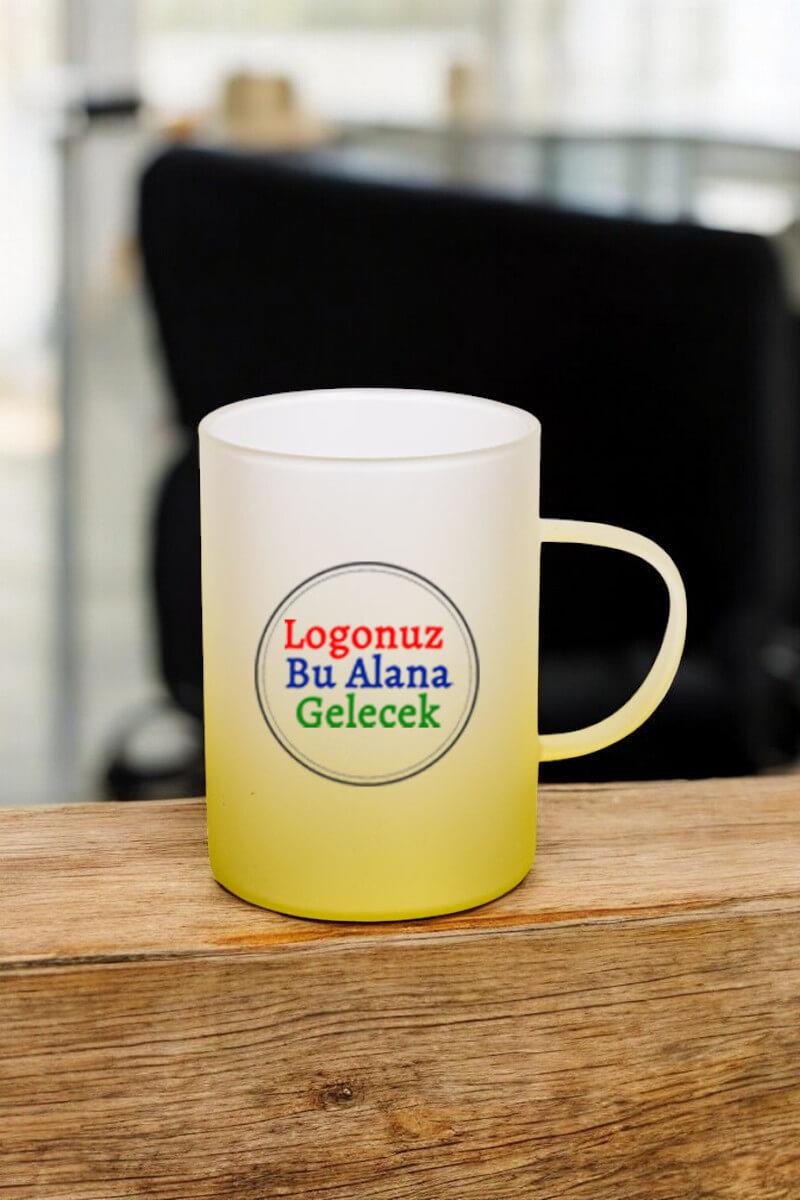 Logo Baskılı Sarı Renk Promosyon Buzlu Cam Bardak