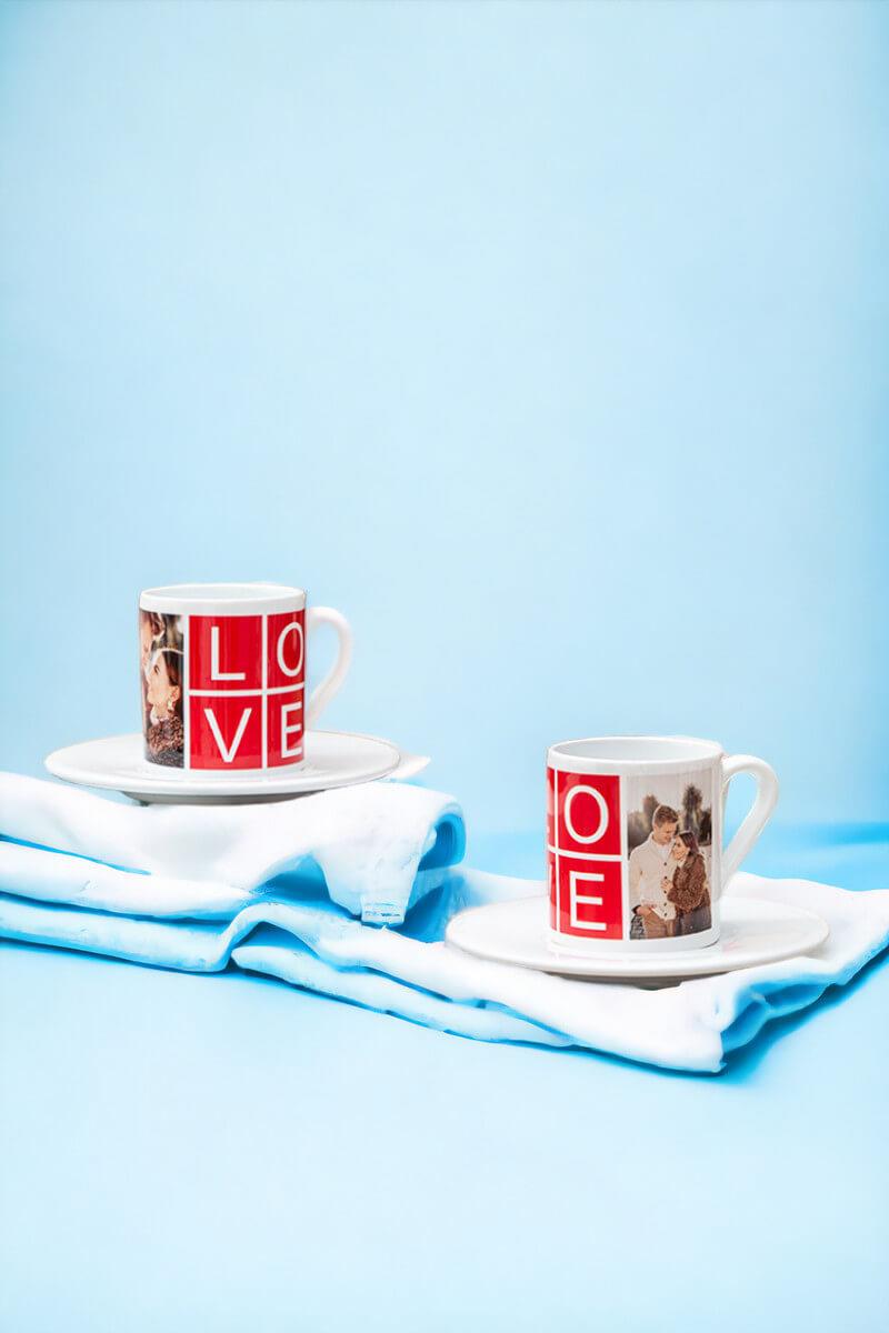 Love Yazılı 2 Fotoğraflı İkili Beyaz Türk Kahvesi Fincanı