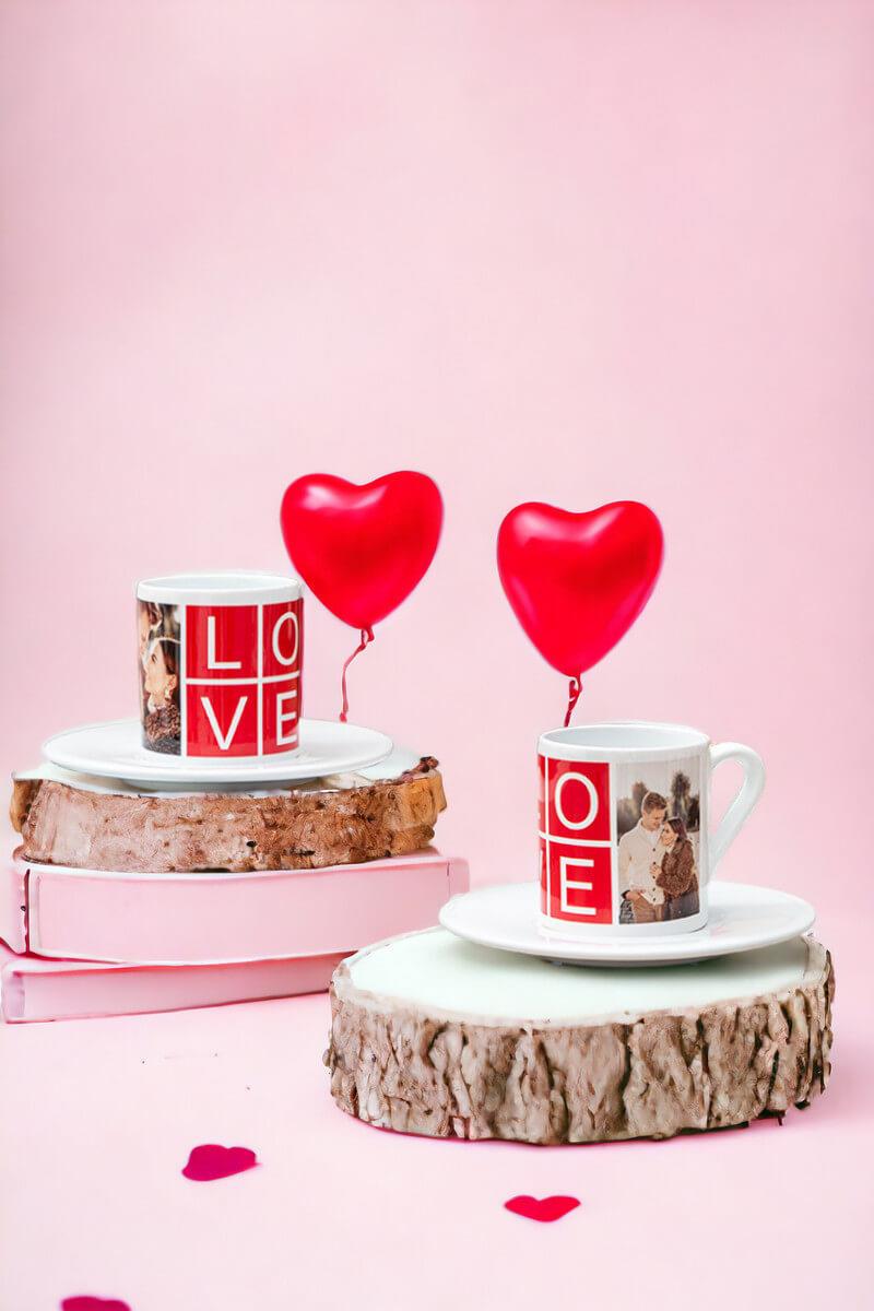 Love Yazılı 2 Fotoğraflı İkili Beyaz Türk Kahvesi Fincanı