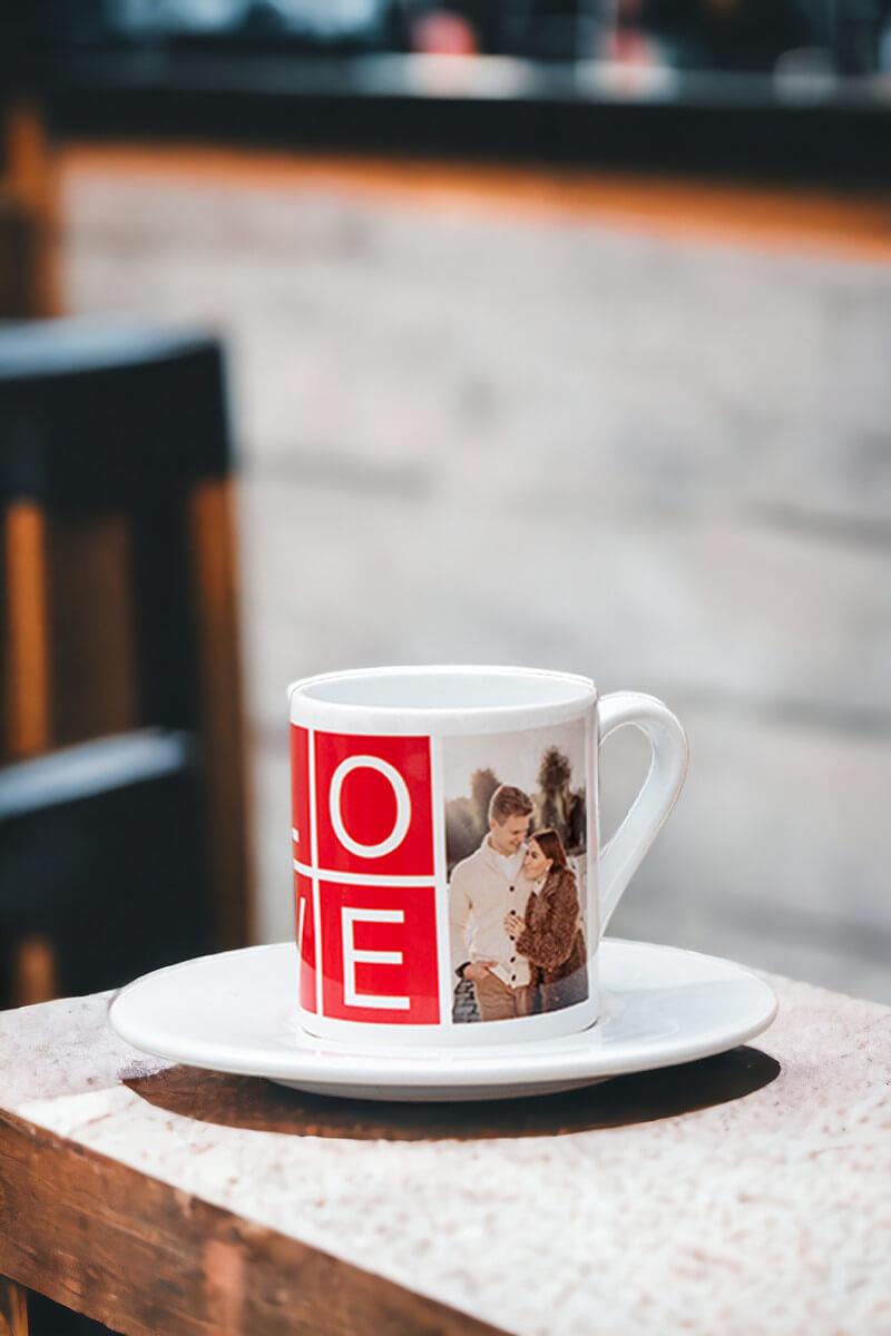 Love Yazılı 2 Fotoğraflı İkili Beyaz Türk Kahvesi Fincanı