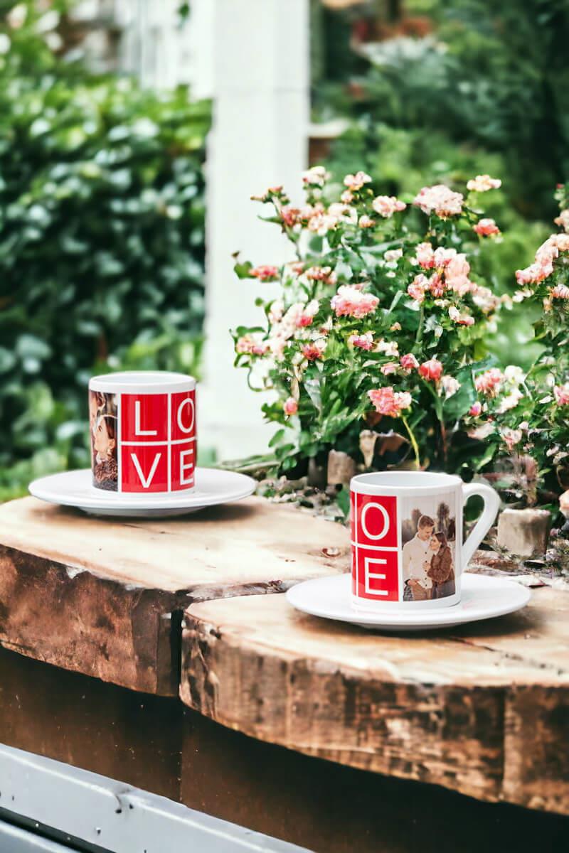Love Yazılı 2 Fotoğraflı İkili Beyaz Türk Kahvesi Fincanı