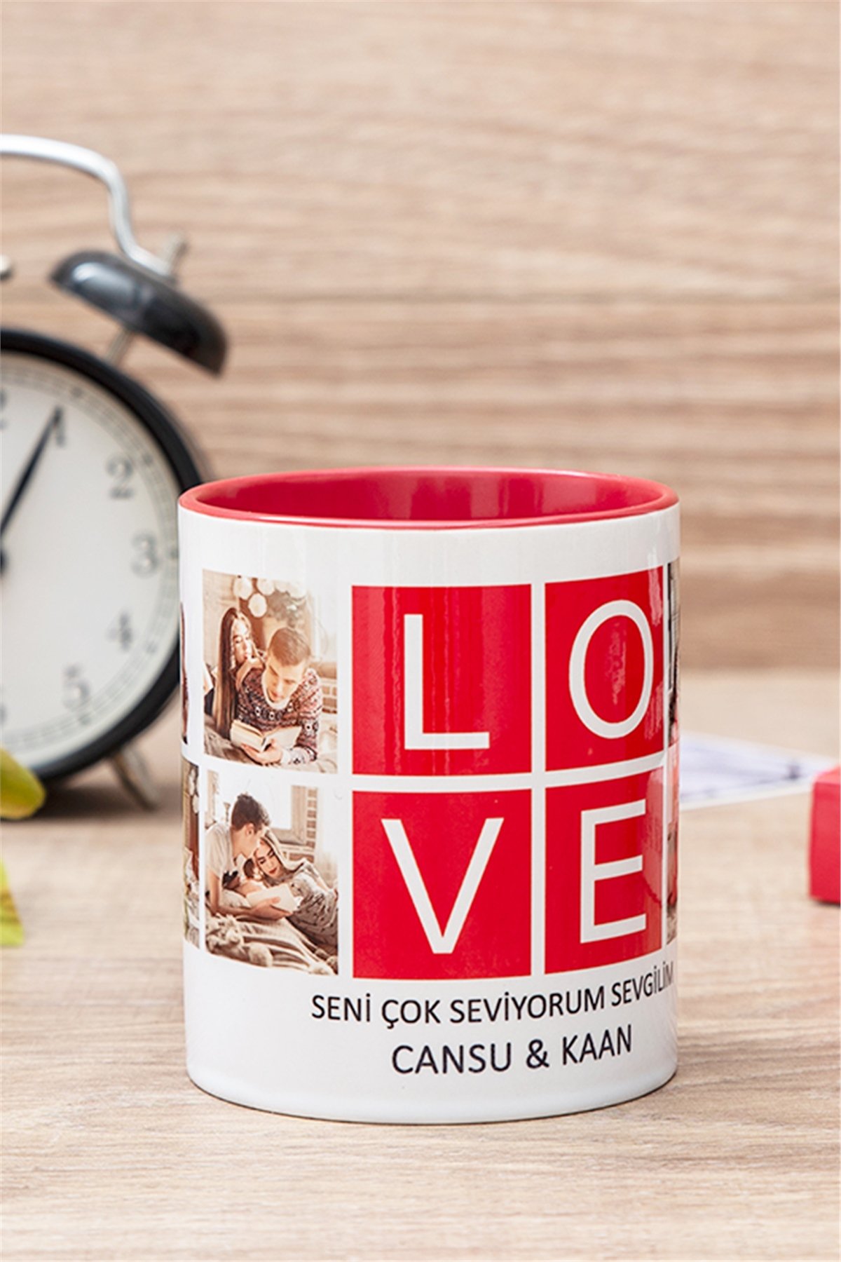 Love Yazılı 8 Fotoğraflı İçi Renkli Kupa Bardak