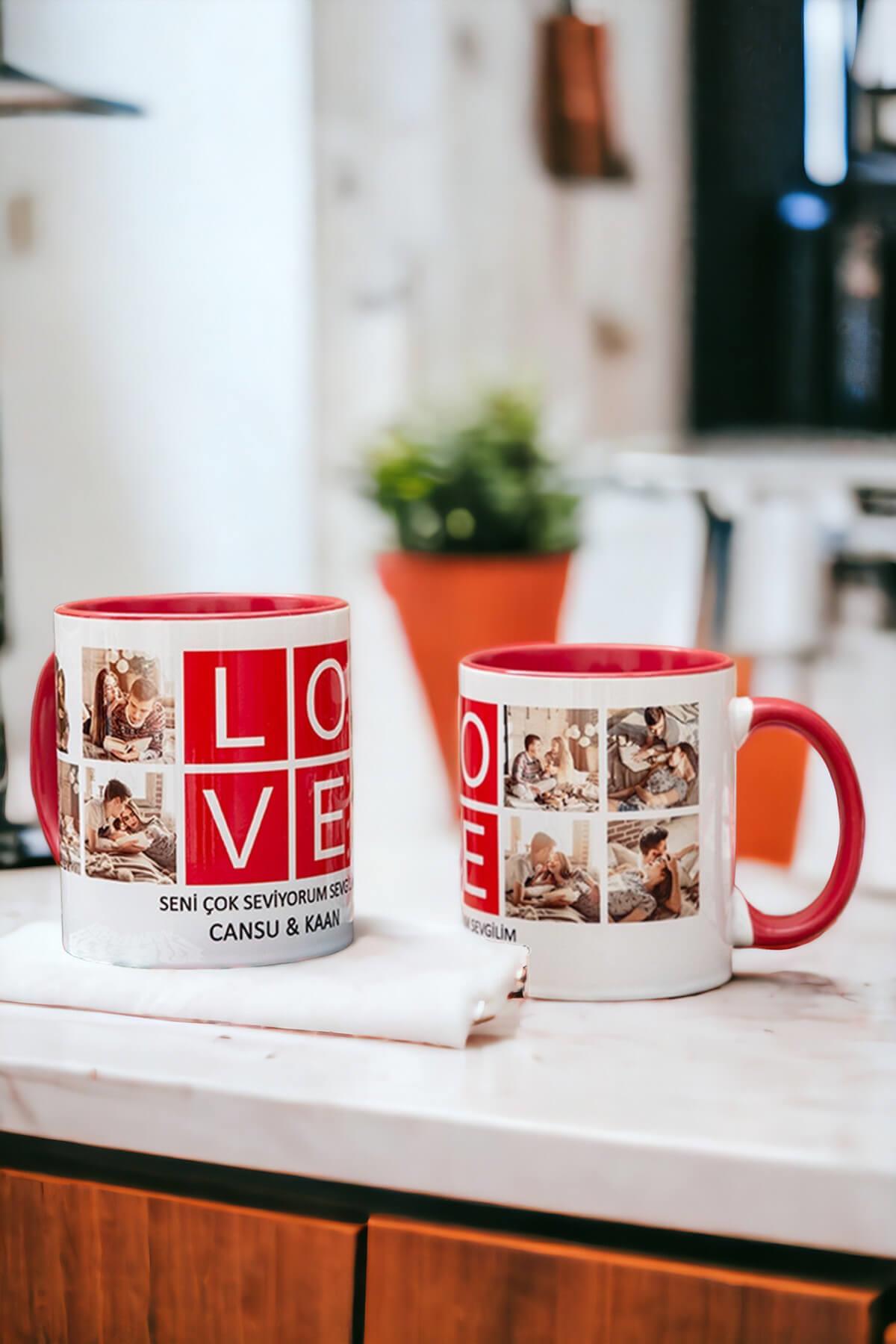 Love Yazılı 8 Fotoğraflı İkili Renkli Kupa Bardak