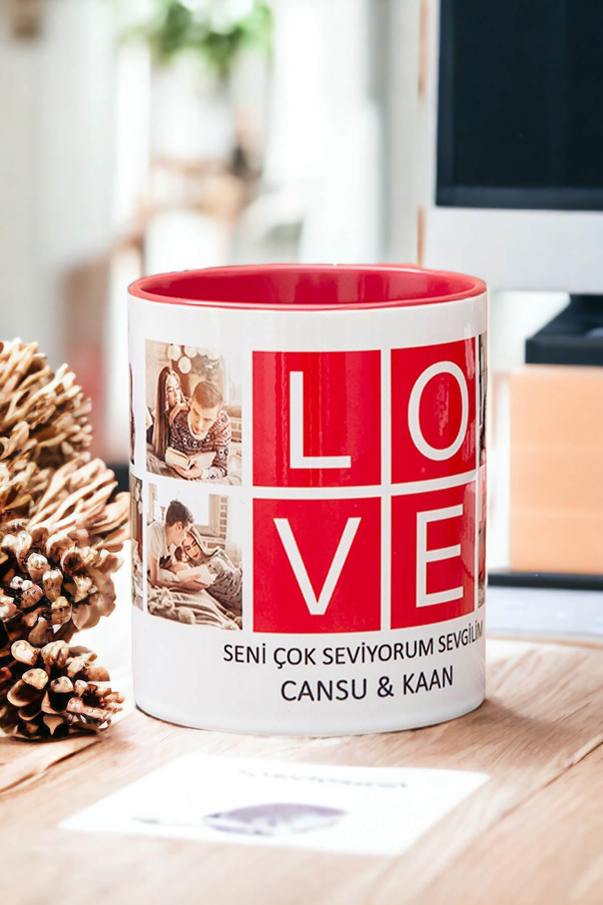 Love Yazılı 8 Fotoğraflı İkili Renkli Kupa Bardak