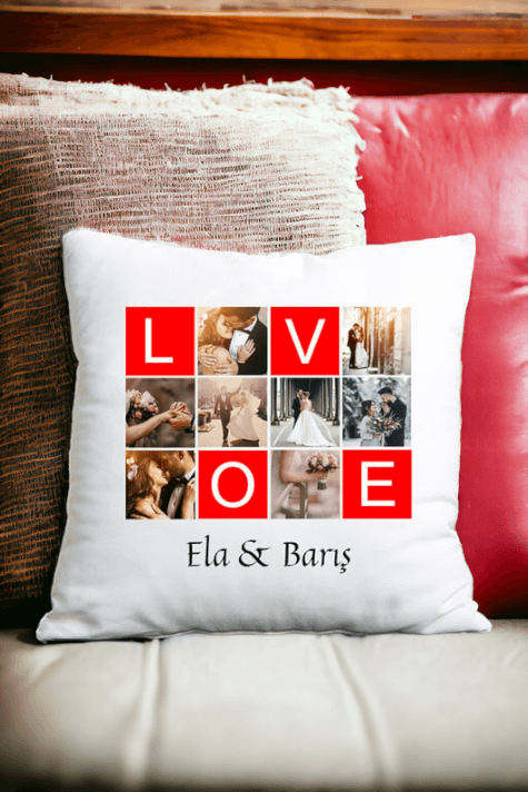 Love Yazılı 8 Fotoğraflı Saten Kare Yastık