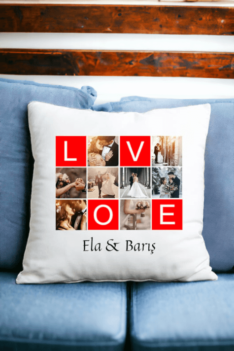 Love Yazılı 8 Fotoğraflı Saten Kare Yastık