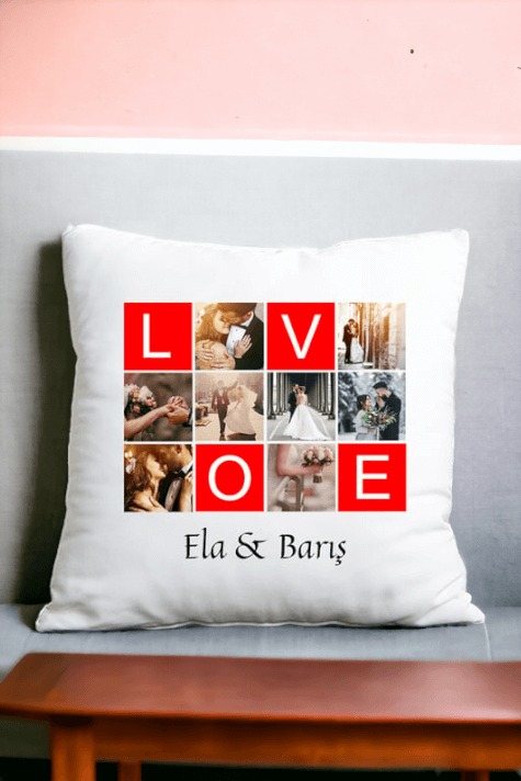 Love Yazılı 8 Fotoğraflı Saten Kare Yastık
