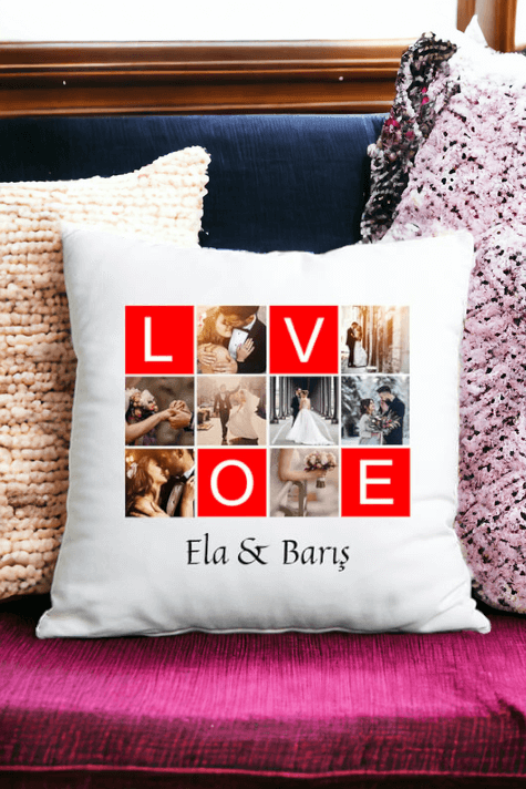 Love Yazılı 8 Fotoğraflı Saten Kare Yastık