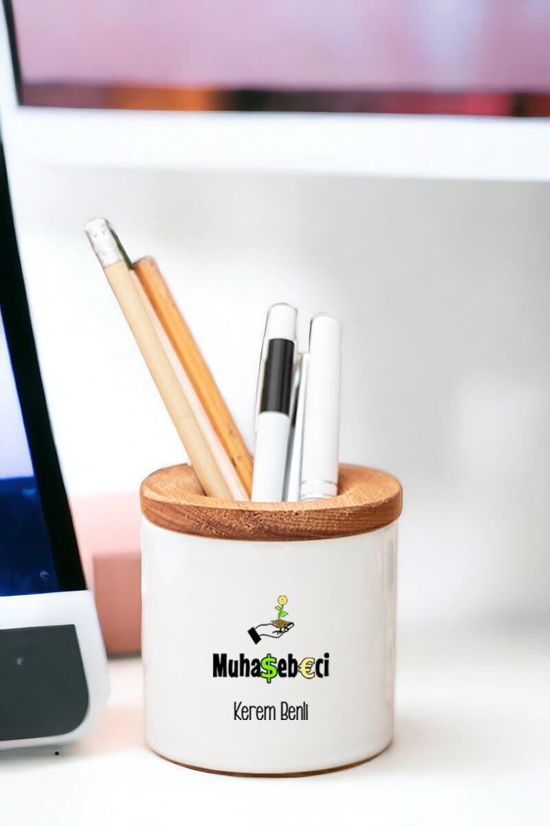 Muhasebeci Ahşap Kapaklı Kalemlik