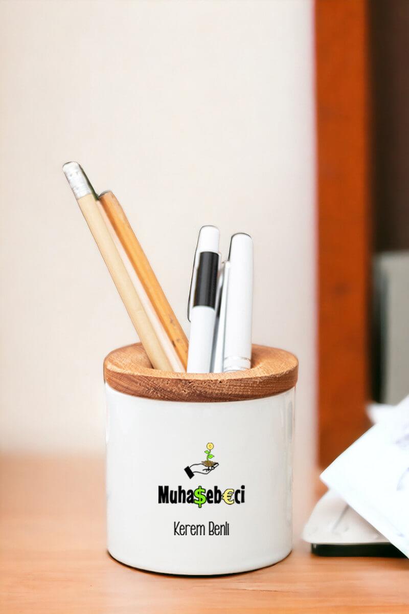 Muhasebeci Ahşap Kapaklı Kalemlik