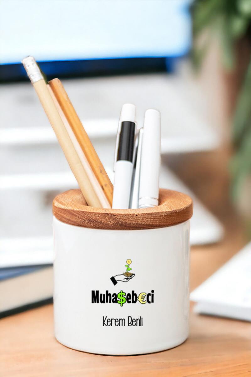 Muhasebeci Ahşap Kapaklı Kalemlik