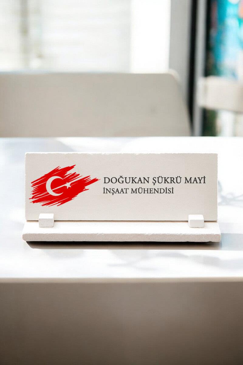 Ofis Hediyesi Türk Bayraklı Kişiye Özel Taş Masa İsimliği
