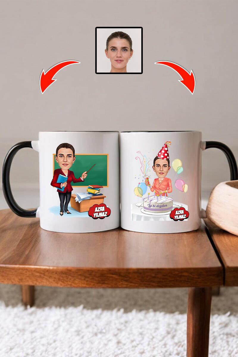 Öğretmene Doğum Günü Hediyesi Kadın Öğretmen Karikatürlü Kupa Bardak